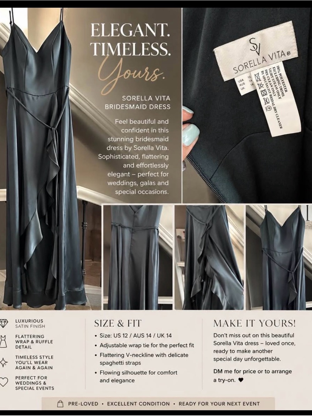 SORELLA VITA Black Satin Wrap Ruffle Maxi Dress